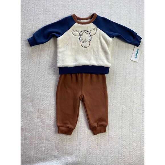 CARTER’S BABY BOY 6M Moose Fuzzy Pullover Sweatshirt & Jogger Pants Set - Picture 6 of 7